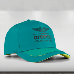 Teal cap with 'aramco Formula One Team' logo on a white background
