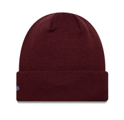 Maroon beanie with a small logo on a white background