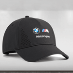 Black cap with BMW Motorsport logos on a light gray background