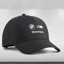 Black cap with BMW Motorsport logos on a light gray background