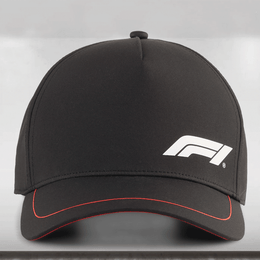 Black cap with a logo on a gray background