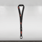Black lanyard with red accents on a light gray background