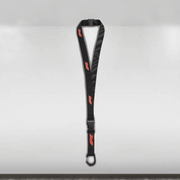 Black lanyard with red accents on a light gray background