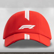 Red cap with a white logo on a gray background