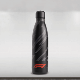Black water bottle with F1 logo on a white background