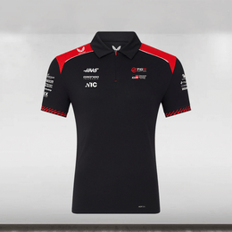 Black polo shirt with red and white accents on a gray background