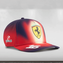 Red and blue cap with Ferrari logo and UniCredit branding on a light gray background