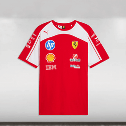 Red sports jersey with various logos on a white background