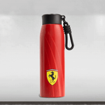 Red water bottle with Ferrari logo on a light gray background