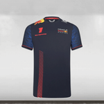 A navy blue T-shirt with number 1 and Red Bull Racing logo on the front, and Max Verstappen's name on the chest.